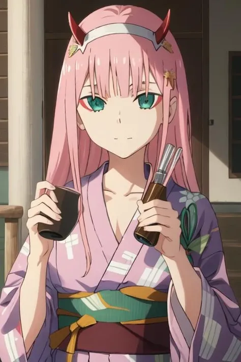 best quality, masterpiece, highres, solo, {yukata:1.40}, {kimono:1.20}, {02_darlinginthefranxx:1.15}, long_hair, pink_hair, horns, bangs, hairband, green_eyes, white_hairband, closed_mouth, makeup, straight_hair, eyeshadow, aqua_eyes