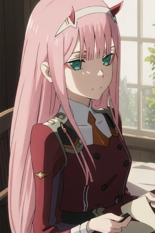 best quality, masterpiece, highres, solo, {02_darlinginthefranxx:1.15}, long_hair, pink_hair, horns, bangs, hairband, green_eyes, white_hairband, closed_mouth, makeup, straight_hair, eyeshadow, aqua_eyes