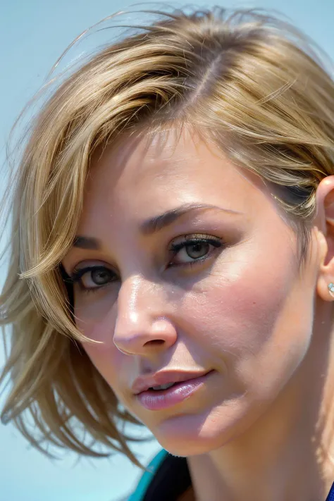 up close photo of ginaGers1 , (blonde hair), (pixie cut), , detailed skin texture, (blush:0.2), (goosebumps:0.3), (light blue dress), subsurface scattering, Photorealistic, Hyperrealistic, Hyperdetailed, analog style, hip cocked, demure, detailed skin, matte skin, soft lighting, subsurface scattering, realistic, heavy shadow, masterpiece, best quality, ultra realistic, 8k, golden ratio, Intricate, High Detail, film photography, soft focus