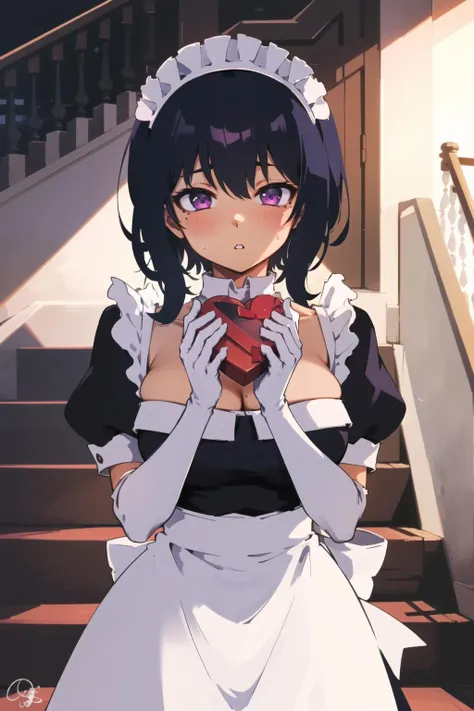 <lora:lilithv1:0.6> lilith, 1girl, apron, blurry, blush, box, breasts, cleavage, dark-skinned female, dark skin, depth of field, detached collar, elbow gloves, flower, frills, gloves, heart-shaped box, holding, holding box, indoors, large breasts, maid, maid apron, maid headdress, mole, mole on breast, mole under eye, parted lips, puffy short sleeves, puffy sleeves, purple eyes, purple hair, rose, short hair, short sleeves, signature, solo, stairs, sunlight, sweat, valentine, white apron, white gloves