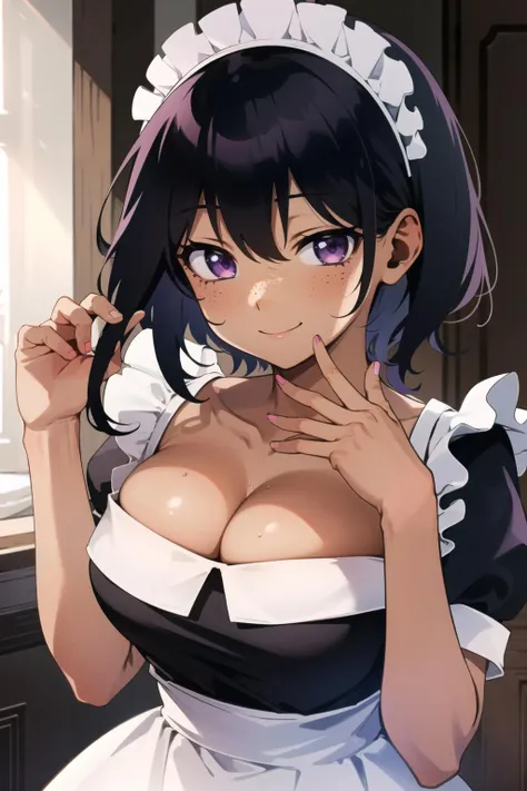 <lora:lilithv1:0.6> lilith, 1girls, black hair, blush, breasts, cleavage, cleavage cutout, collarbone, dark hair, dark skin, darkskinned female, eyebrows visible through hair, freckles on breasts, freckles on face, hand in hair, maid, purple eyes, smile, solo, tanned, tanned skin, white armwear