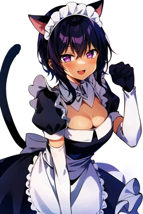 <lora:lilithv1:0.6> lilith, 1girl, animal ears, black hair, blush, breasts, cat ears, cat tail, cleavage, dark-skinned female, dark skin, elbow gloves, gloves, large breasts, looking at viewer, maid, maid headdress, mole, mole on breast, mole under eye, open mouth, paw pose, puffy short sleeves, puffy sleeves, purple eyes, short hair, short sleeves, smile, solo, tail, upper body, white gloves