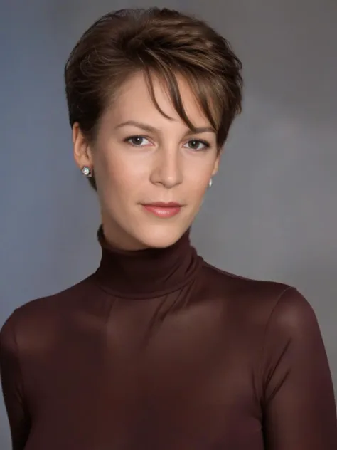 UHD, 4k,a young girl supermodel Laurie_Strode, age 20,<lora:Laurie_Strode:0.7> wearing turtle neck dress, keyhole dress, busty, perfect skin, young Laurie Strode , conservative formal attire, long brown hair, great full 80s hair,(masterpiece:1.2), (best quality:1.2), ultra high res, beautiful, (intricate details), flirty, happy, slutty, unity 8k wallpaper, ultra detailed, aesthetic, perfect lighting, studio lighting, rim lighting, hair lights, alluring lighting, professional photograph, alluring teen award-winning photo by trading places ,close-up of jamie lee curtis, true lies, perfect