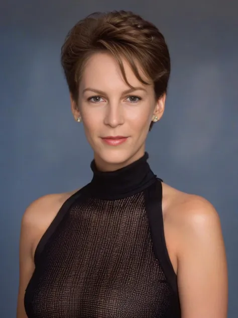 UHD, 4k,a young girl supermodel Laurie_Strode, age 20,<lora:Laurie_Strode:0.7> wearing turtle neck dress,  keyhole dress, busty, perfect skin, young  Laurie Strode , conservative formal attire,  long brown hair, great full 80s hair,(masterpiece:1.2), (best quality:1.2), ultra high res, beautiful, (intricate details), flirty, happy, slutty, unity 8k wallpaper, ultra detailed, aesthetic, perfect lighting, studio lighting, rim lighting, hair lights, alluring lighting, professional photograph,  alluring teen award-winning photo by trading places ,close-up of jamie lee curtis, true lies, perfect