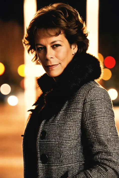jamie_lee_curtis, woman, portrait, 1980s style, winter coat, outside, bokeh, 8k, highly detailed, cinematic,
<lora:jamie_lee_curtis-000004:0.7>