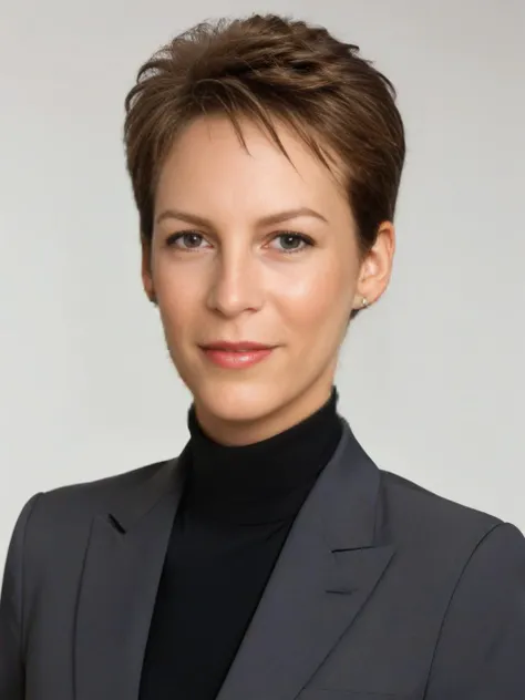 UHD, 4k,a young girl supermodel Laurie_Strode, age 20,<lora:Laurie_Strode:0.7> wearing turtle neck shirt, tie, posing modeling, portrait headshot, black pant suit for girl, perfect skin, young Laurie Strode , conservative formal attire, (masterpiece:1.2), (best quality:1.2), ultra high res, beautiful, (intricate details), flirty, happy, slutty, unity 8k wallpaper, ultra detailed, aesthetic, perfect lighting, studio lighting, rim lighting, hair lights, alluring lighting, professional photograph, alluring teen award-winning photo by trading places ,close-up of jamie lee curtis,