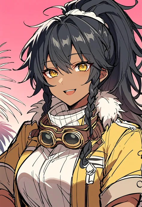 score_9, score_8_up, score_7_up, BREAK  
 1girl,   sketch, upper body, side braids, dark-skinned female, red background, yellow jacket, jacket, alternate costume, goggles around neck, open mouth, long hair, tree, goggles, gloves, palm leaf, pine tree, smile, yellow eyes, braid, brown gloves, solo, black hair, looking at viewer, gradient background, pink background, dark skin, short sleeves, green background, alternate universe, breasts, high ponytail
 <lora:Sketch diffusion attempt no trigger DoRA PDXL TA 40:1>