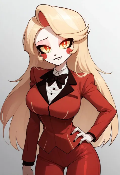 score_9,score_8_up,score_7_up,score_6_up,score_5_up,score_4_up BREAK <lora:hazbin_hotel_ponyxl_v2-000025:1>,charlie, female, beautiful body, beautiful face, bright giant yellow eyes, red pupil, white skin, tall, red suit with black bowtie, red pants, big breasts, sad smile, big hips, High Quality V2, <lora:add-detail-xl:-1>,