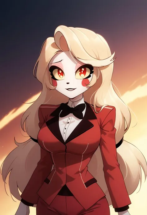 score_9,score_8_up,score_7_up,score_6_up,score_5_up,score_4_up BREAK <lora:hazbin_hotel_ponyxl_v2-000025:1>,charlie, female, beautiful body, beautiful face, bright giant yellow eyes, red pupil, white skin, tall, red suit with black bowtie, red pants, big breasts, sad smile, big hips, High Quality V2, <lora:add-detail-xl:-1>,