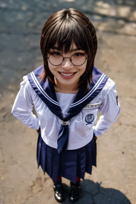 (masterpiece, best quality, beautiful quality, photorealistic, looking at viewer, detailed lighting, extremely detailed skin, extremely detailed hair, extremely detailed teeth, shadows, 8k:1.2), 1girl, glasses, school uniform, front view, full body view, sitting