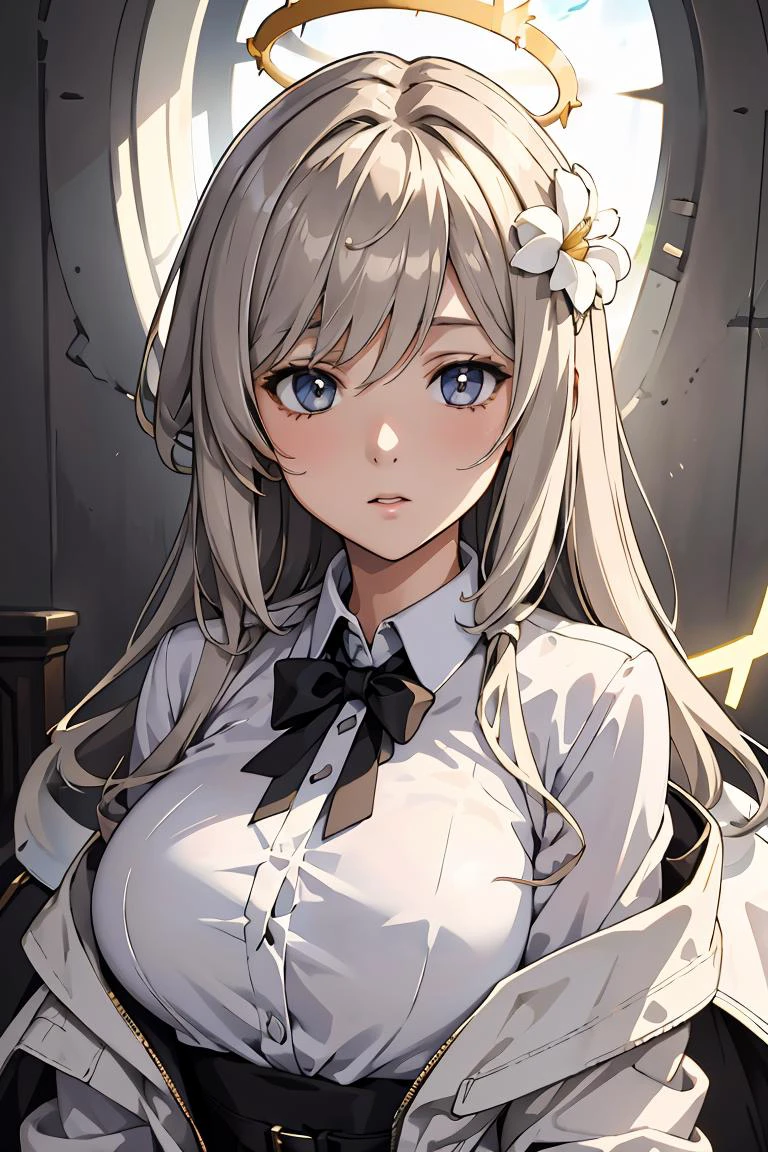 (masterpiece, best quality), 1girl, <lora:cecilia_laporta_arknights:1> flower,halo,white shirt,jacket,