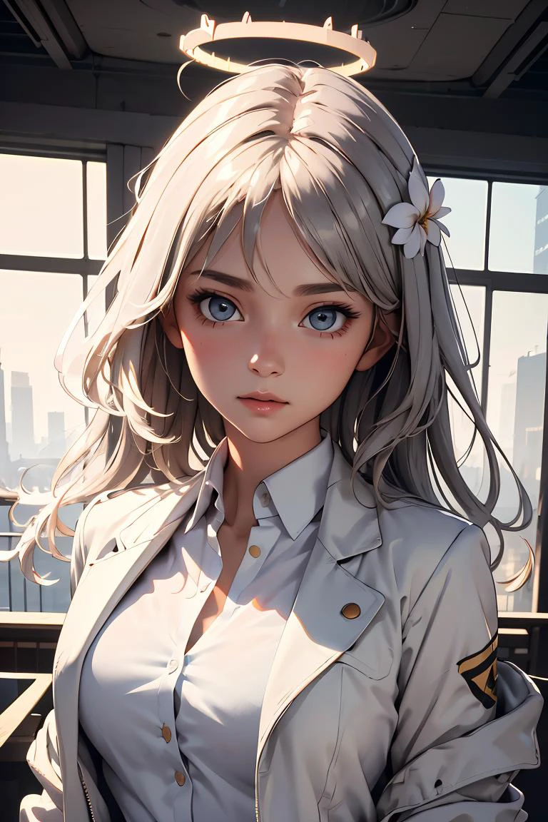 (masterpiece, best quality), 1girl, <lora:cecilia_laporta_arknights:1> flower,halo,white shirt,jacket,