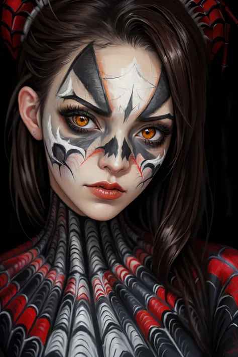 (oil painting:1.2) of <lora:ErinOlash_v1:.9> ErinOlash, close up on face, focus on eyes, (spider face paint:1.2)