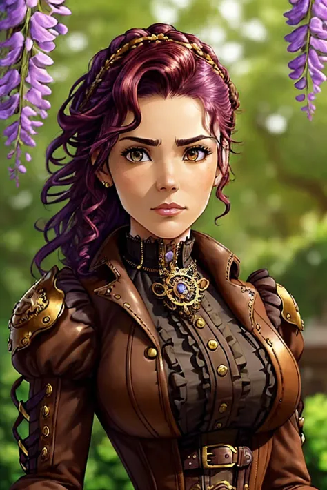 (steampunk style, gears, brass, Victorian, intricate, detailed:1.2) upper body <lora:ErinOlash_v1-000026:.9> ErinOlash, focus on face, wearing leather armor , her wisteria color hair is styled as Curly Crown Braid,