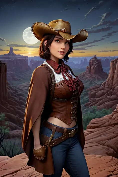 <lora:ErinOlash_v1-000026:.9> ErinOlash portrait, looking at viewer, focus on character, solo, upper body, detailed face, (bioshock infinite theme:1.1), cowboy, wide brimmed hat, tilted hat, holster, poncho, bolo tie, dynamic movement, evil smile, 18th century wild west, american frontier, wild west era red rocky canyon in background, desert backdrop, nighttime, moonlit sky, cinematic atmosphere, arid,