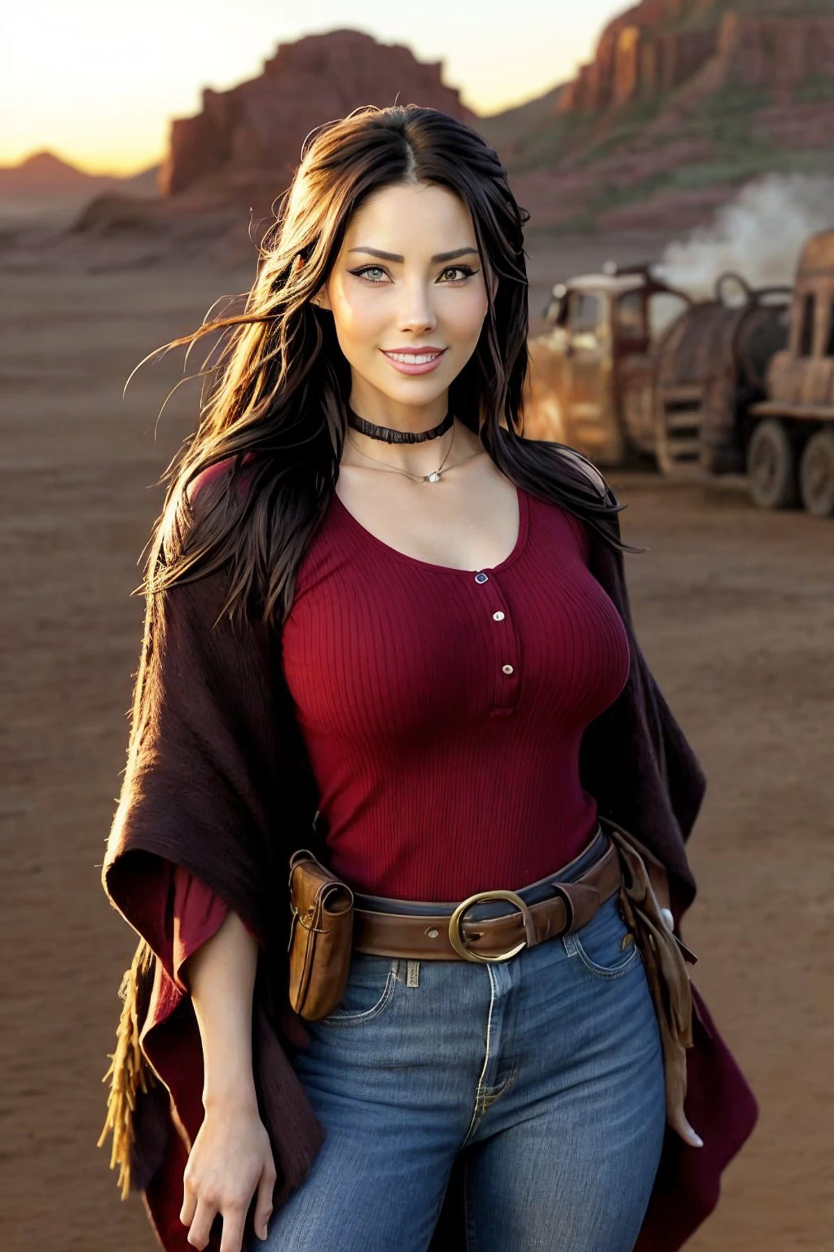 calligraphic interpretation of, elegant, flowing, handwritten <lora:ErinOlash_v1-000026:.9> ErinOlash portrait, looking up, focus on character, solo, upper body, detailed face, (madmax theme:1.1), renegade, pocket-watch, belt, poncho, bolo tie, dynamic movement, grinning, 19th century wild west, wild west era old railway in background, tumbleweed, dusk, epic atmosphere,