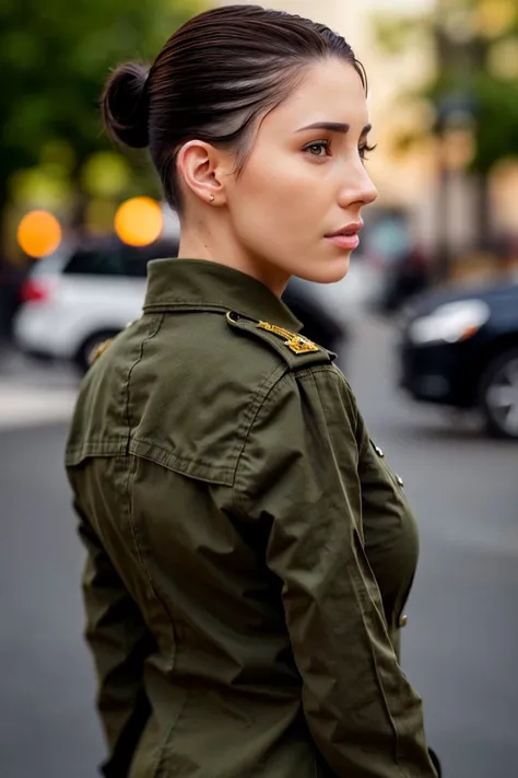 (realistic photorealistic rendering, detailed, realistic, high definition:1.2) headshot <lora:ErinOlash_v1:.9> ErinOlash, focus on face, from behind wearing a military uniform , her light olive color hair is styled as slicked-back hair,