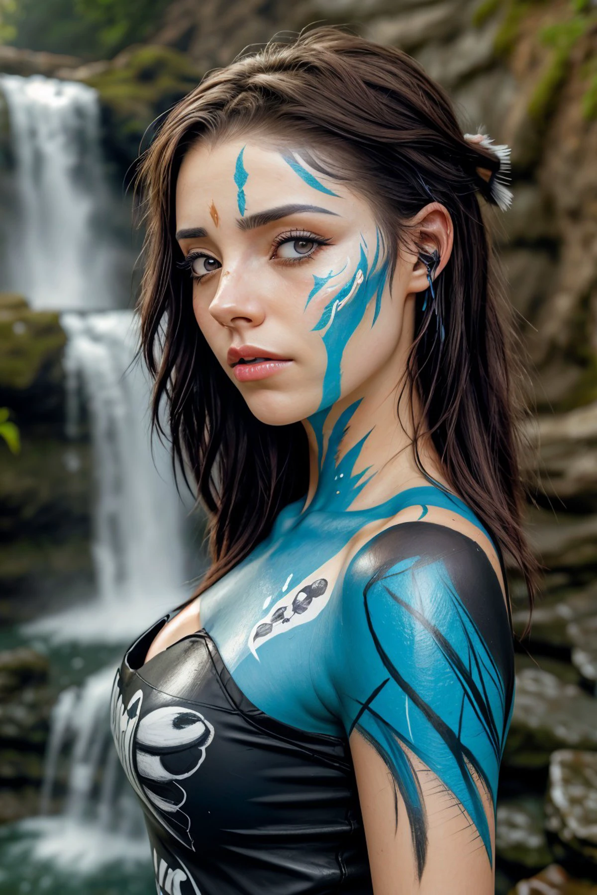 realistic photo of <lora:ErinOlash_v1:.9> ErinOlash, close up on face, focus on eyes, (waterfall face paint:1.2)