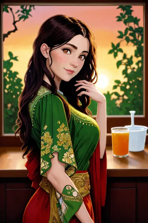 (nouveau style, ornamental, nature, highly detailed, Mucha style:1.2) (eye level, headshot:1.2) <lora:ErinOlash_v1-000026:.9> ErinOlash, smiling, she is wearing Budget sarashi, her hair is styled as middle part straight hair, BREAK she is (in the kitchen:1.1), silhouetted against the bright sky, Cinestill 800T ,shot on (RED:.6) camera ,color filter,