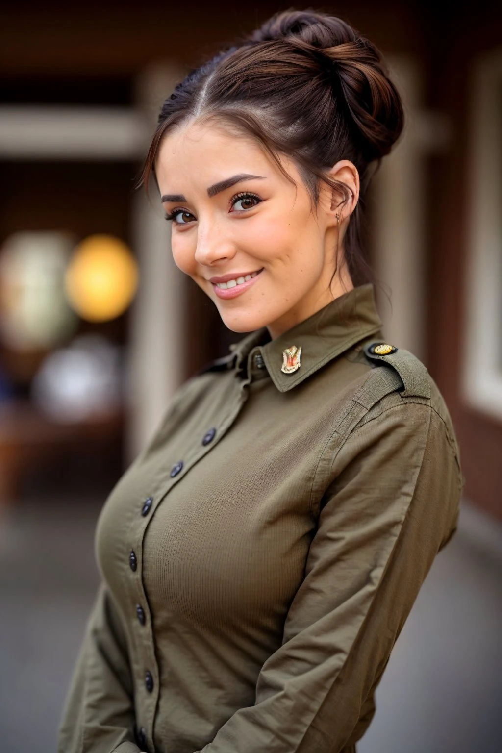 upper body <lora:ErinOlash_v1-000026:.9> ErinOlash, focus on smiling face, wearing a military uniform , her hair is styled as cinnamon bun,