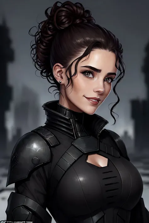 (dystopian depiction of, dark, bleak, futuristic, detailed:1.2) portrait <lora:ErinOlash_v1-000026:.9> ErinOlash, focus on smiling face, wearing conservative clothing , her hair is styled as Top Knot with Curly Hair,