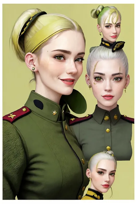 (dada style, nonsensical, collage, absurd, highly detailed:1.2) portrait <lora:ErinOlash_v1-000026:.9> ErinOlash, focus on smiling face, wearing a military uniform , her pale green-yellow color hair is styled as textured ponytail,