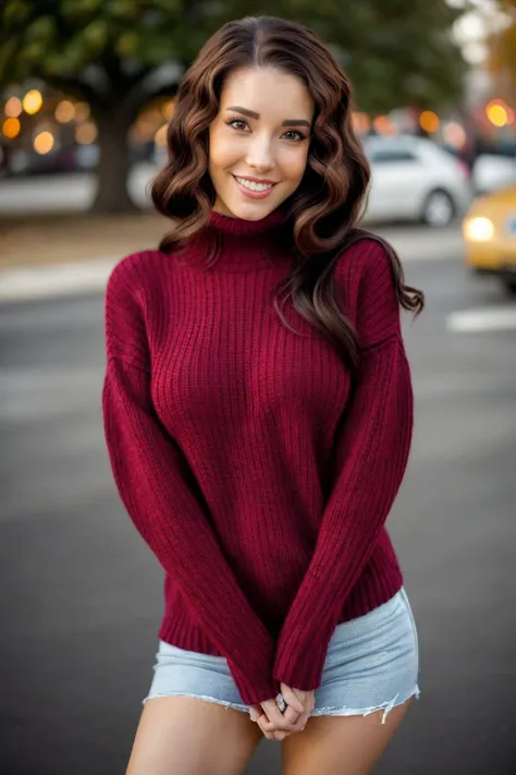 portrait <lora:ErinOlash_v1-000026:.9> ErinOlash, focus on smiling face, wearing a tight sweater , her hair is styled as Straight Old Hollywood Waves,