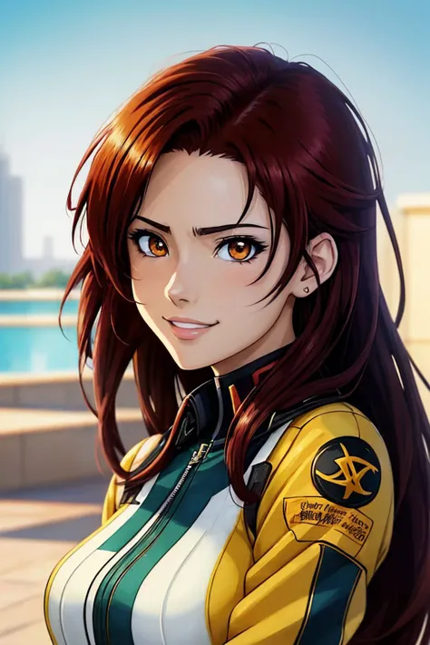 (anime artwork, anime style, key visual, vibrant, studio anime, highly detailed:1.2) (eye level, closeup on face:1.2) <lora:ErinOlash_v1-000026:.9> ErinOlash, smiling, she is wearing pilot suit , her hair is styled as long shag hair, BREAK she is (in the patio:1.1), soft natural lighting, glitch style,shot on Hasselblad 500CM ,