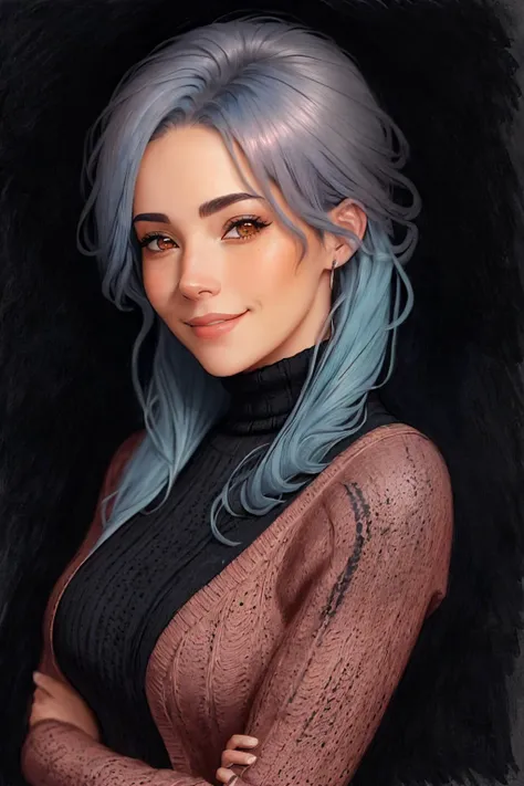 (charcoal drawing, dark, contrast, highly detailed, textured:1.2) headshot <lora:ErinOlash_v1-000026:.9> ErinOlash, focus on smiling face, wearing a tight sweater , her Breeze Blue hair is styled as rose gold hair,