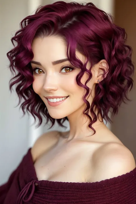 <lora:ErinOlash_v1-000026:.9> ErinOlash, focus on eyes, close up on face, huge smile, dark magenta color hair styled short wavy hair