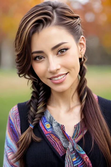abstract interpretation of, non-objective, color field, patterned, Kandinsky style <lora:ErinOlash_v1-000026:.9> ErinOlash, focus on eyes, close up on face, laughing, fawn color hair styled Straight Fishtail Braid