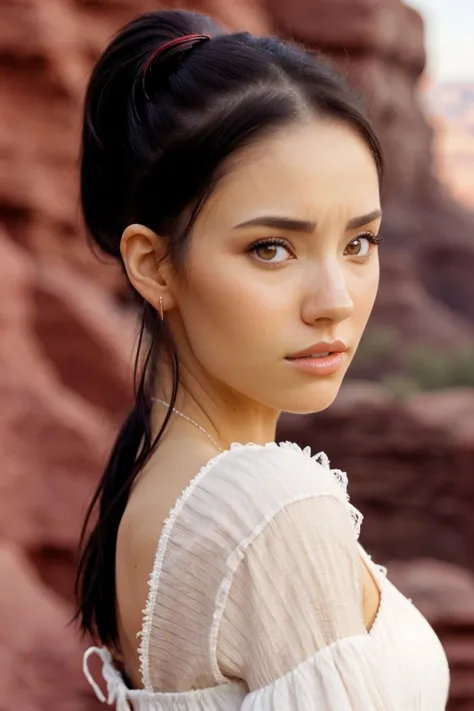 (eye level, closeup on face:1.2) <lora:ErinOlash_v1-000026:1> ErinOlash, she is wearing tasuki, her hair is styled as Straight Sleek High Ponytail, BREAK she is (at the grand canyon:1.1), soft natural lighting, shot on (RED:.6) camera ,50mm ,soft focus,Ektar 100 ,