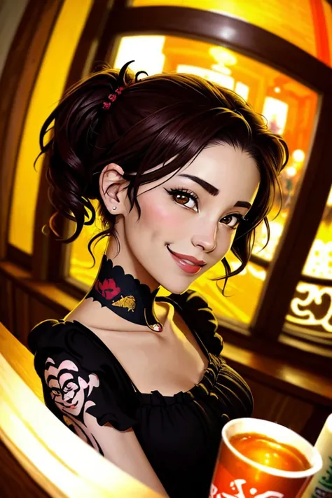 (stencil art style, bold, urban, Banksy style, detailed:1.2) (shot from a Dutch angle, closeup on face:1.2) <lora:ErinOlash_v1-000026:.9> ErinOlash, smiling, she is wearing fengguan, her hair is styled as choppy hair, BREAK she is (in the dining room:1.1), direct flash photography, 8mm fisheye lens ,