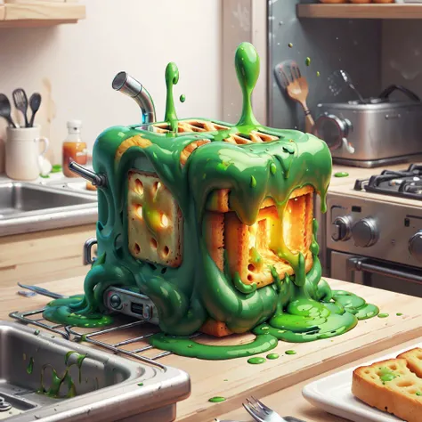 <lora:GreenSlimeAI:.9>, GreenSlimeAI toaster in kitchen , detailed background