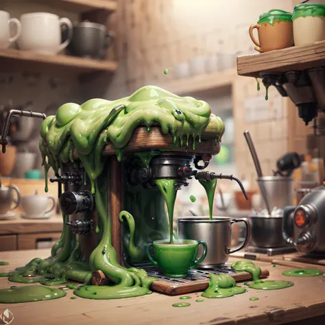 <lora:GreenSlimeAI:.9>, GreenSlimeAI coffee machine , detailed background