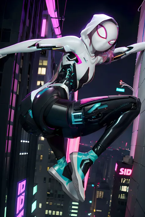 solo, (candid), 19 year old spider-gwen ((face hidden by spider gwen mask and hood)) wearing spider gwen costume, (bald), latex bodysuit, latex gloves, accentuate round ass, (detailed hands), wide hips, ((curvy)), (skinny:1.5), outdoors, (stood on a rooftop), city scape, night time, ((bright neon lighting)),<lyco:spider_gwen:1> <lyco:detail_slider_v4:4>