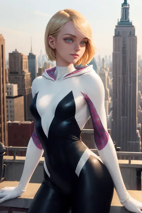 ((best quality)), ((masterpiece)), ((realistic)), (detailed), young female spider gwen, gwen_stacy, freckles, blonde hair, short hair, blue eyes, detailed eyes, body suit, wearing spider gwen costume, wearing hood, looking at the viewer, cute smile, detailed background, rooftop at night, new york, <lora:spider_gwen:1>