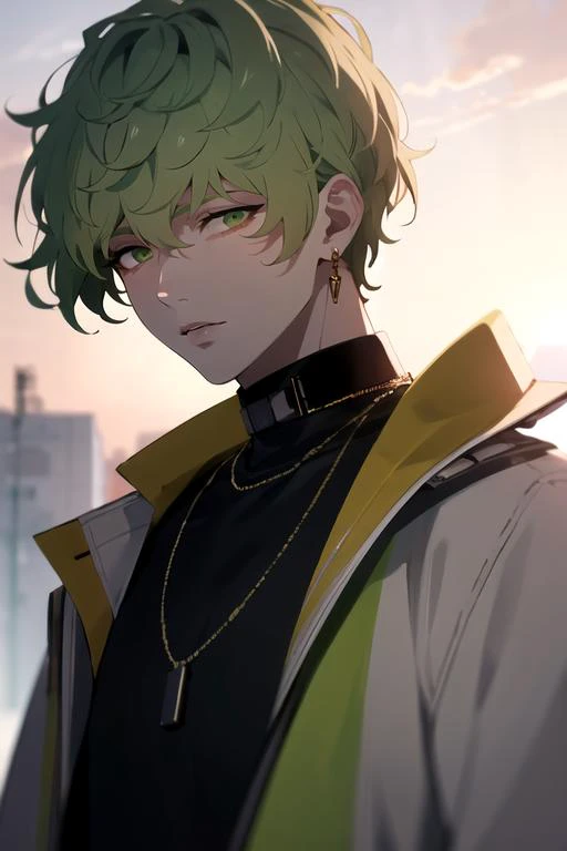 photorealistic, (4k), depth of field, (Masterpiece), (realistic skin texture), extremely detailed, intricate, hyper detailed, high resolution, professional photography, bokeh, depth of field, sharp detail, best quality, , 1boy, solo, male focus, <lora:hokusai_masaki:0.84>, hokusai_masaki, green hair, green eyes, , sci-fi,