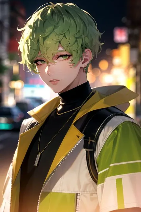photorealistic, (4k), depth of field, (Masterpiece), (realistic skin texture), extremely detailed, intricate, hyper detailed, high resolution, professional photography, bokeh, depth of field, sharp detail, best quality, , 1boy, solo, male focus, <lora:hokusai_masaki:0.8>, hokusai_masaki, green hair, green eyes, , science fiction science fantasy,