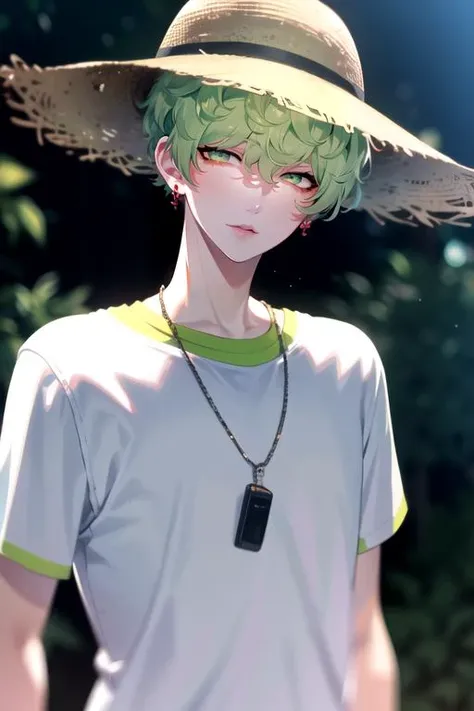 photorealistic, (4k), depth of field, (Masterpiece), (realistic skin texture), extremely detailed, intricate, hyper detailed, high resolution, professional photography, , depth of field, sharp detail, best quality, looking at viewer, 1boy, solo, male focus, <lora:hokusai_masaki:0.98>, hokusai_masaki, green hair, green eyes, t-shirt, panama hat, , 4k resolution