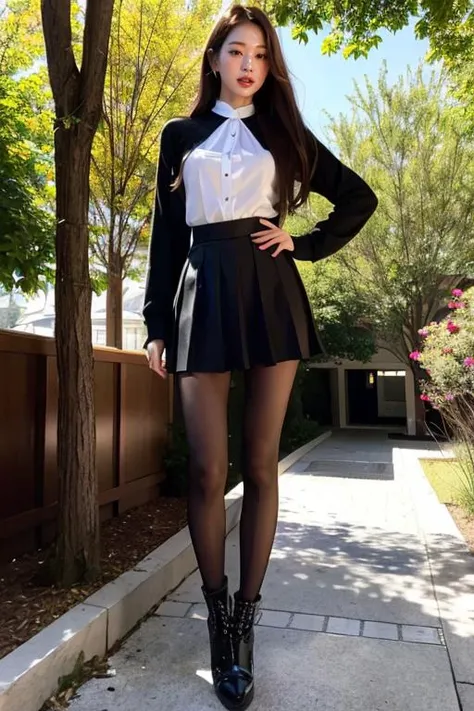 parks,On the grass,Stand up,1girll,Exquisite facial features,Perfect body structure,(Best quality at best,tmasterpiece,超高分辨率),(long leges:1.3),(Keep your mouth shut),(Light smile:1.2),(Expressive hair:1.2)(full bodyesbian:1.2)、(School uniform color:3)、Kurfo,(pleatedskirt:1.2),(Be audience-oriented),face to the viewer,(White tights:1.2),Stand up,posing elegantly,with hands behind her back