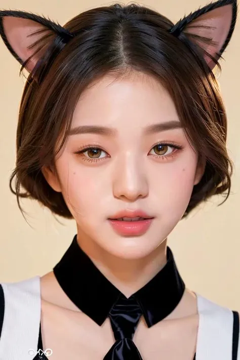 simple background,(Wearing a catuniform and a cat ears:1.4), (ultra high res,photorealistic,realistic,best quality,photo-realistic) short hair, ((detailed face:1.2),RAW photo, best quality), (realistic, photo-realistic:1.30), bokeh, 8k uhd, dslr, soft lighting, high quality, film grain, masterpiece,ultra realistic,32k,extremely detailed CG unity 8k wallpaper, best quality, (laugh:1.4), midriff, choker, bracelet, black nails, (korean beauty:0.8), (kpop idol:1.2), (detailed skin), (19 years old korean girl:1.2), (smoother lighting:1.05), (Increase body line mood:1.1), face closeup pureerosface_v1