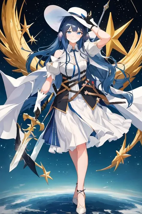 best quality, masterpiece, highres, solo, {astesia_arknights:1.15}, long_hair, blue_hair, blue_eyes, bangs, smile, bright_pupils, 1girl, black_gloves, gloves, holding, holding_sword, looking_at_viewer, short_sleeves, sword, weapon, white_headwear, dress, holding_weapon, puffy_sleeves, hat, puffy_short_sleeves, elbow_gloves, cape, hair_intakes, white_dress, full_body, high_heels, official_alternate_costume, skirt, star_\(sky\)