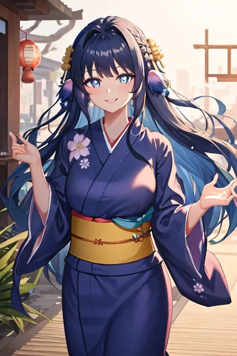 best quality, masterpiece, highres, solo, {yukata:1.40}, {kimono:1.20}, {astesia_arknights:1.15}, long_hair, blue_hair, blue_eyes, bangs, smile, bright_pupils
