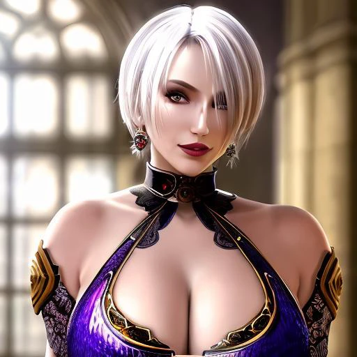 semi-realistic, anime style,  extremely detailed CG unity 8k wallpaper, best quality, fine detailed, highres, colorful, intricate detail, ray tracing, Depth of field, beautiful detailed eyes, detail hair, hand by guido daniele, ((masterpiece, best quality)),(detailed skin), ((detailed facial features)),  fine detailed, highres, colorful, intricate detail,  (sharp outline), cinematic shadows, unparalleled masterpiece, absurdres, extraordinary, incredible, exquisite, sensational, perfect artwork, perfect female figure, perfect anatomy, ultra anatomy, full-body shot,
wide view, head to feet,
{1girl, ivy valentine, (an extremely beautiful mature female), short hair, silver hair, green eyes, (large breasts:1.4), cleavage}, looking at viewer,  solo, evil grim, sexy pose, seduction,
manor background,