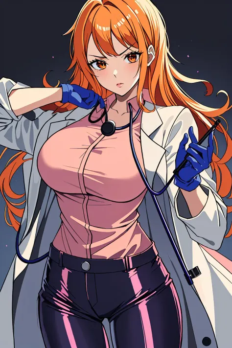 ((masterpiece, best quality, high quality)),1girl,(sweater, trousers), <lora:brwn_doctor_uniform:0.8> (bwn_doc_unif, blue gloves, pink shirt, labcoat, stethoscope,latex pants), <lora:nami_final_offset:0.7> (nami \(one piece\),orange hair,orange eyes,1girl,solo),