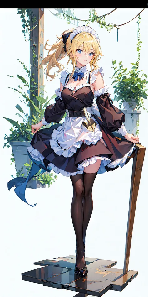 [(white background:1.5)::5], (bottle bottom:0.9), masterpiece,(full body:1.2),(solo:1.25),
1girl, breasts, solo,blue eye,Blond hair,long hair, cleavage, smile, suit, Tight shirt,hip-covering skirt, suit jacket, revealing shoulders, black stockings, high heels, long legs, big breasts, black bow, high ponytail,standing,
Indoor, office, desk, office chair, potted plant,
