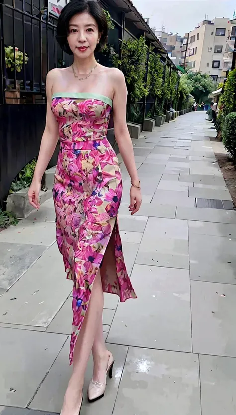 ultra realistic 8k cg,HDR,beautiful detailed glow,((rich, prestige)),perfect artwork,masterpiece,((perfect female body)),charming,seductive,erotic,alluring,enchanting,mature female,narrow waist,goddess,divine queen,((short hair)),black hair,(parted bangs),black eyes,jewelry,thighhighs,red footwear,(unmoving pattern),looking at viewer,((intricate detail, delicate pattern)),science fiction,jewelry,gem,platinum,diamond,gorgeous stole,delicate pattern,intricate detail,(rich:1.4),dynamic pose,((large breasts)),(wide hips),((outdoor)),dancing,daytime,((sunny)),sun lights,floral_print,print_dress,print_kimono,((Smooth skin)),<lora:taiguli:0.6>,<lora:wangymV2-09:0.8>,