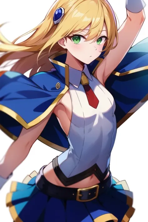 (masterpiece:1.2), (best quality:1.2), (sharp detail:1.2), (high resolution:1.2), solo, noel vermillion, green eyes, blonde hair, long hair, small breasts, collared shirt, white shirt, white gloves, bare arms, (blue capelet:0.9), blue skirt, black legwear, standing, looking at viewer, cowboy shot, ((white background)), <lora:noel vermillion chronophantasma:1.0>