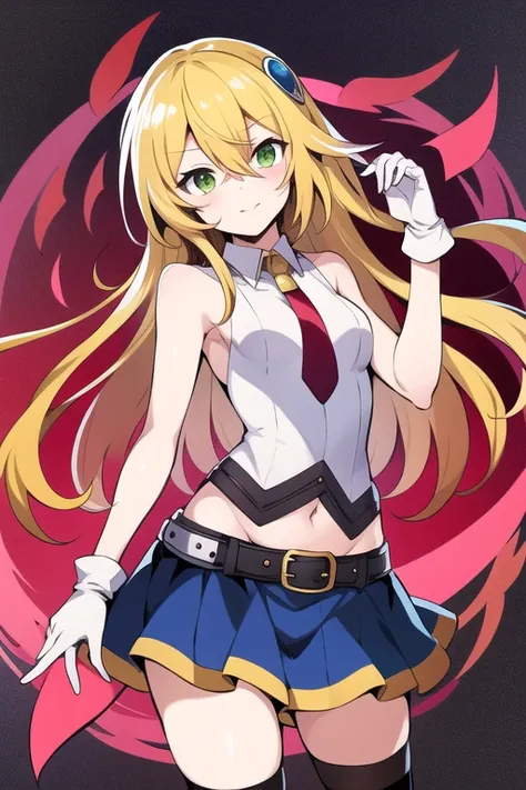 (anime, highres, absurdres, novel illustration, best quality, masterpiece, promotional art:1.0), solo, noel vermillion, green eyes, blonde hair, long hair, ((black thighhighs)), blue skirt, collared shirt, white shirt, white gloves, <lora:noel vermillion chronophantasma:1.0>